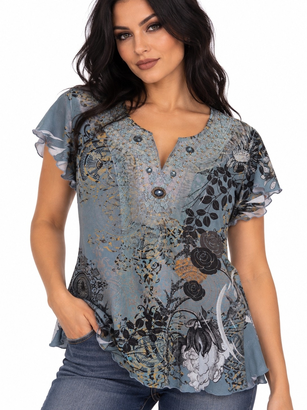 Azul Y2K Style Whimsigoth Blue Beaded Floral Sheer Top Size S